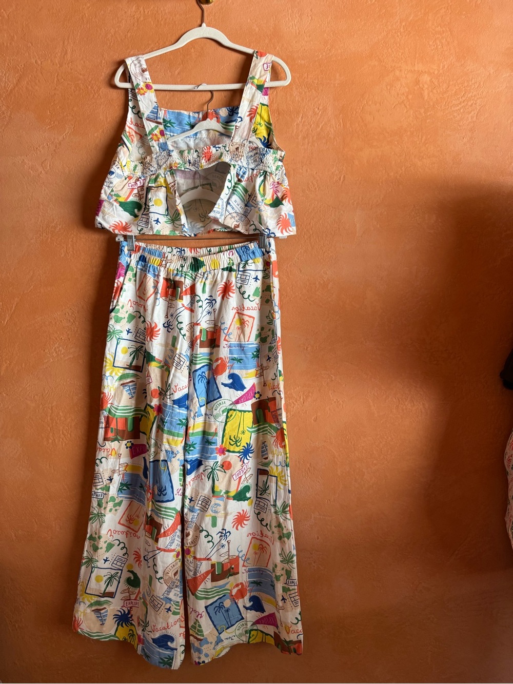 GOA Beachwear by Japna Linen Blend Vacation Print Crop Top Wide Leg Pants Set L - Picture 5 of 8